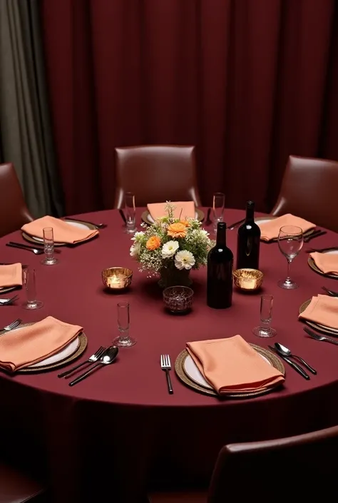  I want a round table designed for eight people with the following details: dark wine tablecloth ,  melon-colored napkin ,  centerpiece with cream-colored flowers , wine and melon .