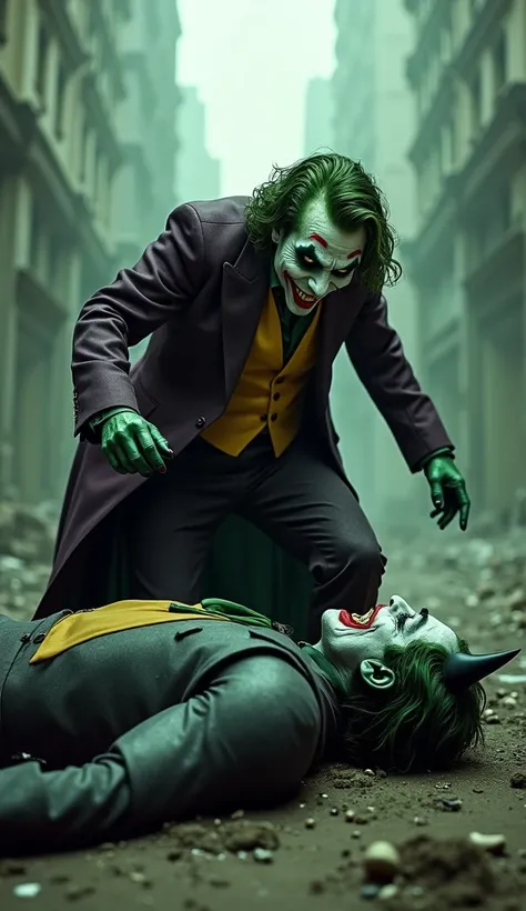 " The Joker transforms into a monstrous monstrous green ,  with shiny, distorted skin ,  his eyes glowing with anger .  He steps on Batmans face ,  smashing him against the floor of a desolate city , with crumbling buildings in the background.  The scene c...