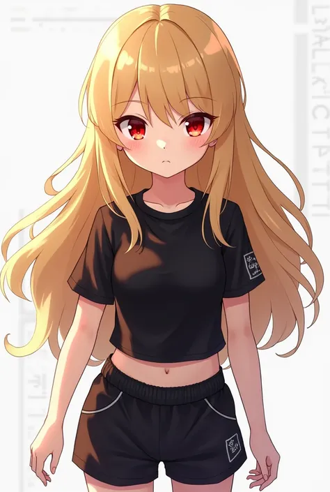 Girl with long blond hair 
Make it look a bit like Roblox anime short shirt Black and with red eyes with black shorts