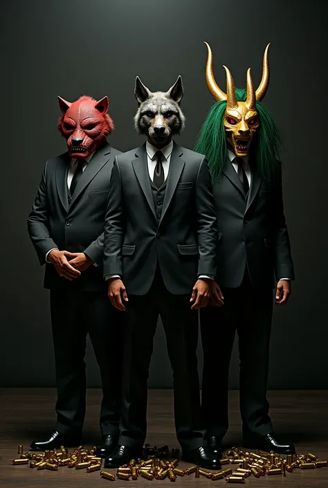 3 men in black suits, one on the far right with a horned dragon mask and realistic green hair with purple tips and slanted red eyes ,  . In the middle one with a realistic wolf mask that has fur and pointed ears and on the left one with a realistic red dem...