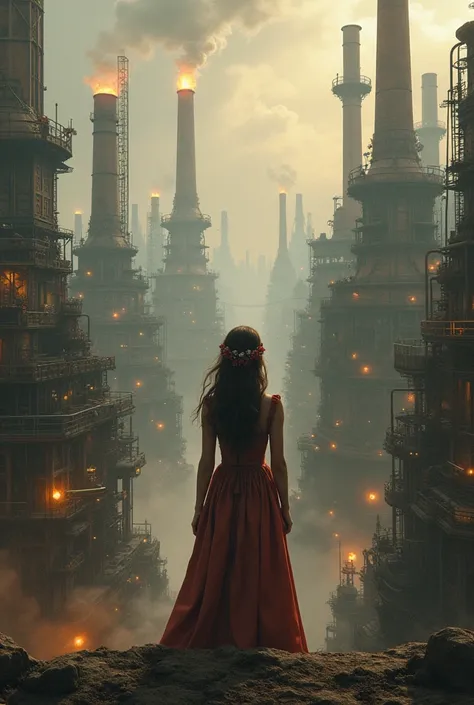 Back view of a beautiful girl looking at the first industrial revolution city in steampunk style