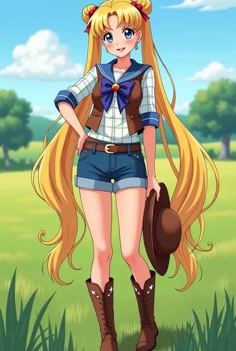 Serena(sailor moon)A beautiful 25 year old woman,  of blonde hair very long to the hips tied in two pigtails in the shape of bunguitos , blue-eyed light skin , with her fringe split in half falling on her forehead,  red lips dressed as a cowgirl wearing sh...