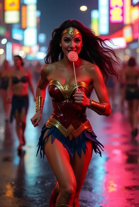 "Wonder Woman, portrayed as Gal Gadot, reimagined in an ultra-provocative and daring outfit that accentuates her powerful and curvaceous figure. She wears a tiny red and gold mini-skirt, impossibly short, barely covering her hips and showcasing her thick, ...