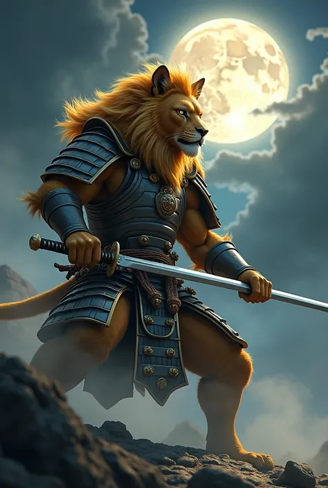  a closer version of the samurai lion in a combat pose , with the katana raised and the eyes focused , ready to attack.  The scene is illuminated by a full moon in the sky ,  creating a soft glow over the metallic armor and gold fur,  as a mystical mist sp...