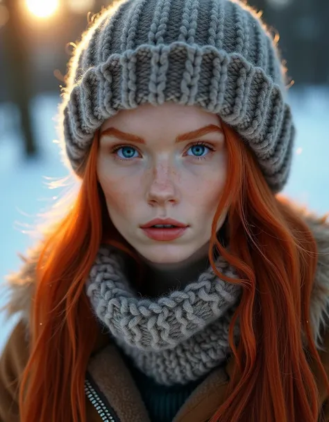 (masterpiece:1.2, best quality:1.2, RAW, DSLR photography, cinematic lighting, contour light), highly detailed skin, 1 girl, red-haired girl, wearing winter clothes, beanie hat, close-up, Face Focus, face and chest, against blurred snow field, trees, sunli...