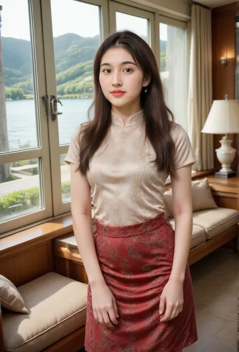 A beautiful Thai woman wearing a Phyabal dress is standing in front of a luxurious hotel room