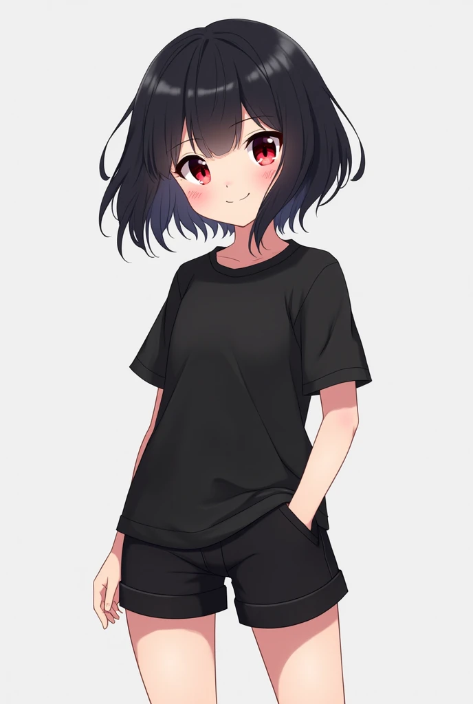 Short Black haired girl
Make it look like a little Roblox anime Macdonalls Black shirt with red eyes with black shorts