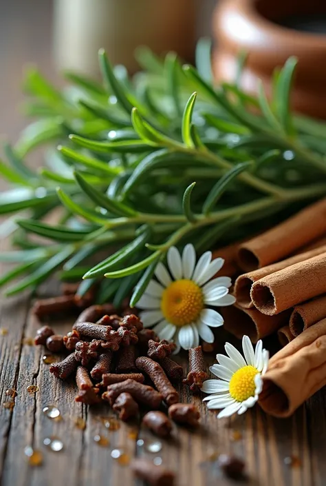 Wash and disinfect the rosemary, cloves, cinnamon and chamomile.