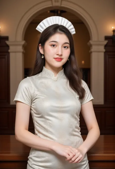 beautiful Thai girl in nurse uniform, standing in front of luxury hotel room, highly detailed, photorealistic, 8k, professional studio lighting, cinematic colors, dramatic lighting, detailed facial features, elegant posture, serene expression, ornate hotel...