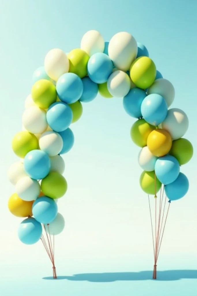 An arc of balloons with white color, blue, lime green and yellow