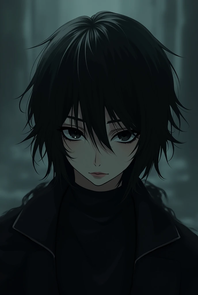 an 18 year old boy , a bit masculine,  in the black hair and a little long almost covering his eyes,  his eyes are completely black while he has a serious face surrounded by immense darkness