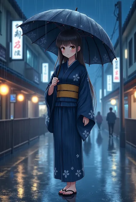  Top Quality ，masterpiece， Official Art ， super beautiful ，1 girl holding an umbrella， walking in the rain ，Night Street，whole body，whole body向前站， cute， Gray Straight Length ， wearing a modified black and blue Japanese yukata， flower frills ，Reminiscent of...