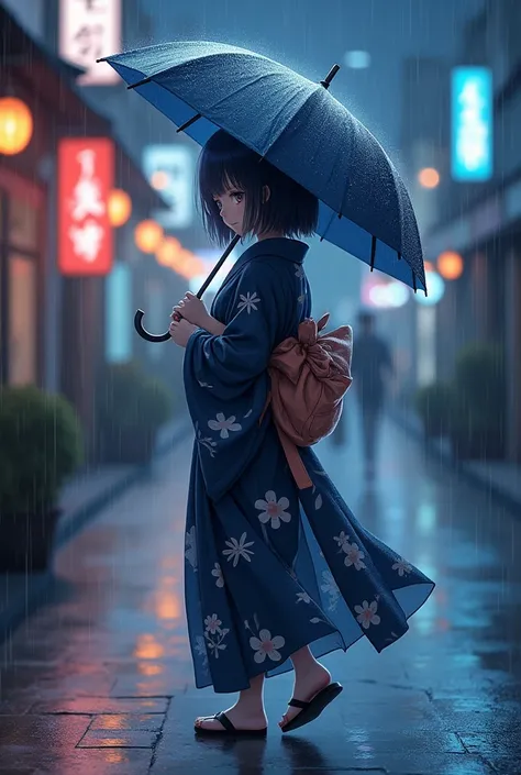  Top Quality ，masterpiece， Official Art ， super beautiful ，1 girl holding an umbrella， walking in the rain ，Night Street，whole body，whole body向前站， cute， Gray Straight Length ， wearing a modified black and blue Japanese yukata， flower frills ，Reminiscent of...