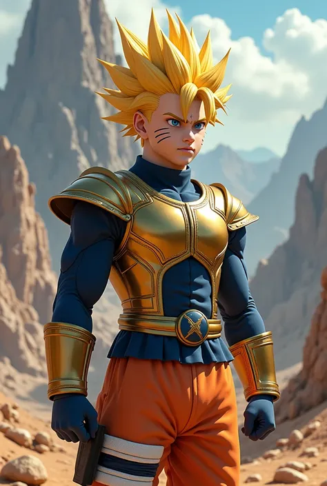 Create an ultra-realistic image of Naruto wearing classic Saiyan armor ,  inspired by the warriors of Dragon Ball Z . The armor must be specific,  with realistic metal and fabric textures ,  including the shoulder pads and the details in blue and gold ,  i...