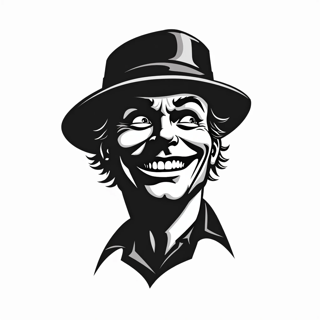 A simple, dark and sublime vector logo in black and white style of a super happy, smiling gentleman wearing a hat. The gentleman is looking up and has a big smile on his face. white background