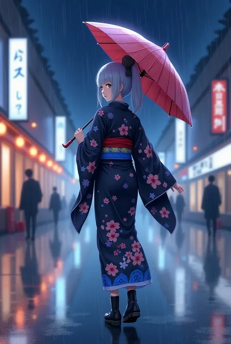  Top Quality ，masterpiece， Official Art ， super beautiful ，1 girl holding an umbrella， walking in the rain ，Night Street，whole body，whole body向前站，Cute hair accessories， Gray Straight Length ，Galaxy，universe，Star，High boots ， wearing a modified black and bl...