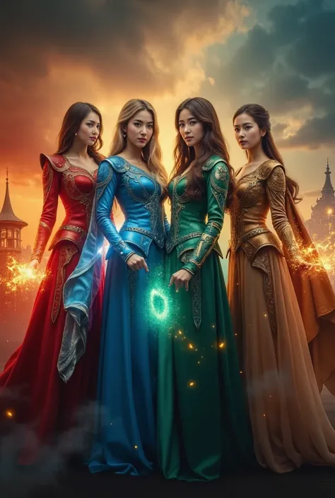 korean drama poster. 4 pretty woman dressed in red (fire),blue (air),green (water) and brown (earth) with armors and magic power the woman have powers based on their color of their dress THEY LOOKING AT THE CAMERA fierce AND THE ATMOSPHER is magical effect...