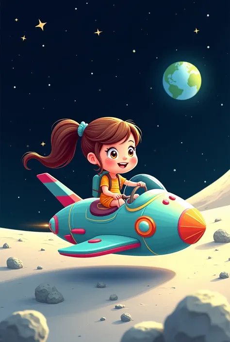 Girl riding a spaceship on the moon cartoonish