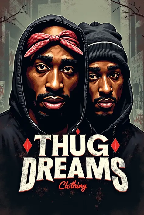 Crear un logo con la frase Thug Dreams Clothing inspirado en tupac y biggie 