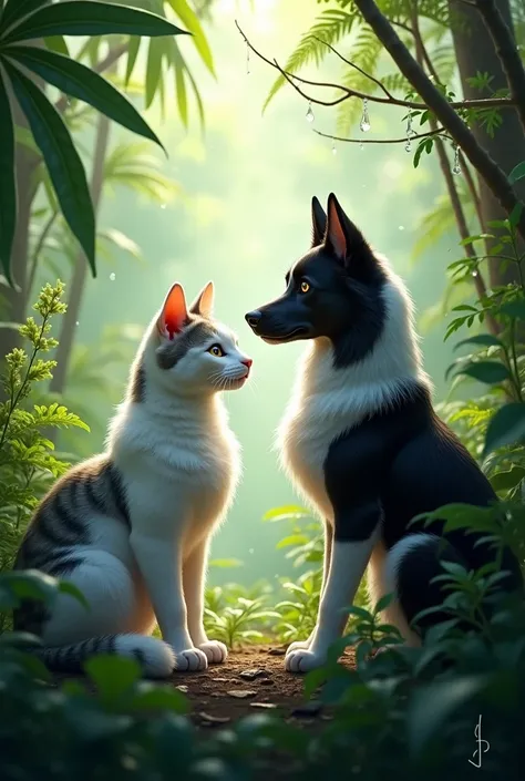 A white and gray cat in a rainforest along with a black and white dog 