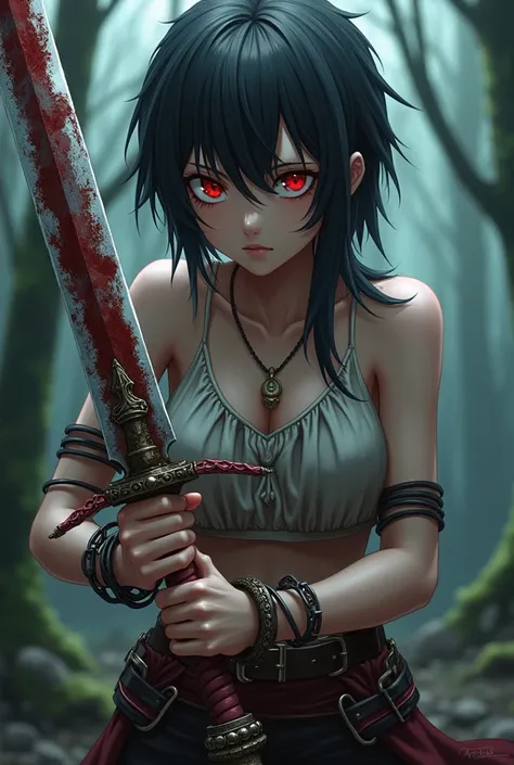 (( better quality )), (( masterpiece)), ((Detailed)), (( high definition))  a teenager with black hair and red eyes, slave,  in anime style .  Holds a rusty sword bathed in blood .  In Isekai anime and sci-fi style . in the background a forest. Vestimenta ...