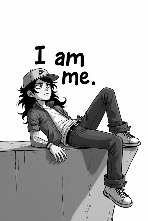 A male cartoon character in a nike hat,Long hair@ rocker sitting on the edge with a writing "I Am Me "  lying on his back with a white .black and white color only.