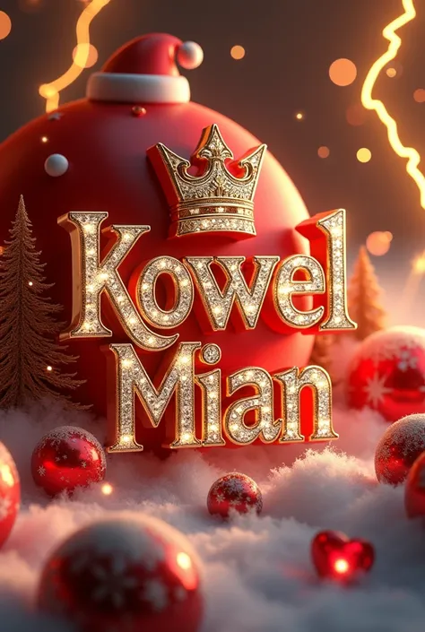 
 3D red and green Christmas accent , with gold " Kowel Mian" / name written in diamonds .  Includes rubies and diamonds , has a Santa Claus 

2-Elegant 3D Typography with the name. " Kowel Mian"  with an elegant crown and fine diamonds with sparkles of br...