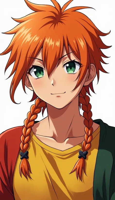 1boy,  looking at the spectator,  high resolution, dark green eyes ,  orange hair, , parted bangs, with low braided long hair Anime style, messy hair, yellow and red shirt, anime style, muscular boy