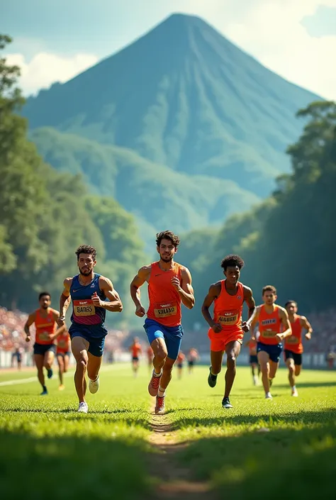 Create an image of the VOCAL ARENAL of Costa Rica and athletes running debatletism that has the text San Carlos