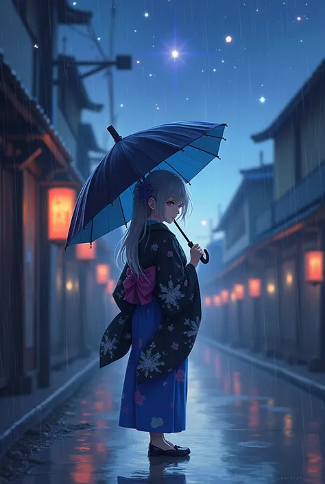  Top Quality ，masterpiece， Official Art ， super beautiful ，1 girl holding an umbrella， walking in the rain ，Night Street，whole body，whole body向前站，Cute hair accessories， Gray Straight Length ，Galaxy，universe，Star， wearing a modified black and blue Japanese ...