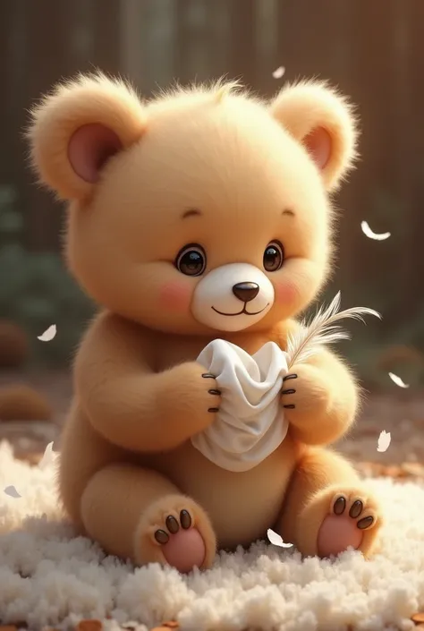 Baby bear holding feathers and tissues Paper