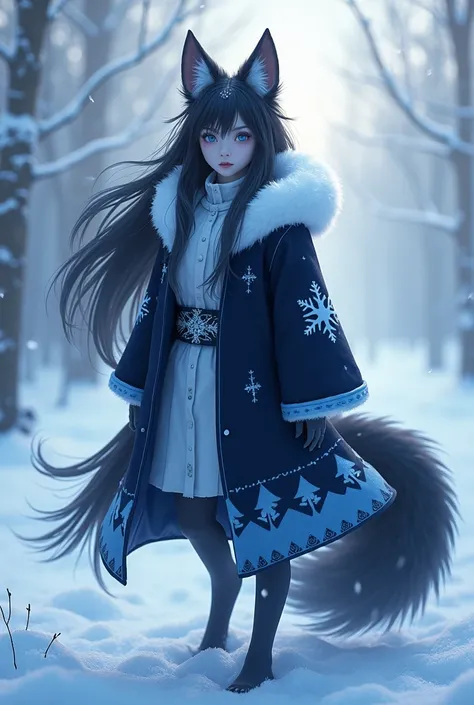 An ice-themed humanoid kitsune with black hair and a dark blue winter coat and a white coat collar