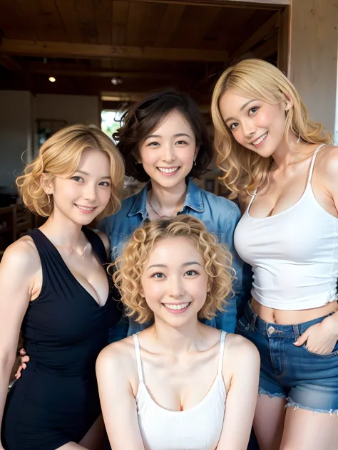 ((  3 beautiful 38-year-old mature women  .:1.5))、( blonde curly hair :1.5)、(quite thin body:1.5)、(it&#39;s small :1.5)、 everyon...