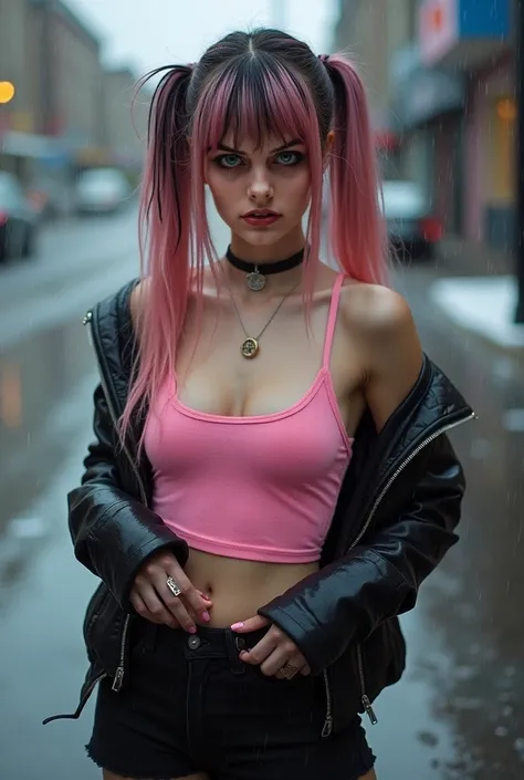 Beautiful girl in the wet rain half naked, (Realisttic:1.2), analog photo style, Beautiful young woman, posing, long half mostly pink hair and some black streaks dual pony tail, long bangs over eyes, vivid blue eyes, short black skirt, pink tank top, black...