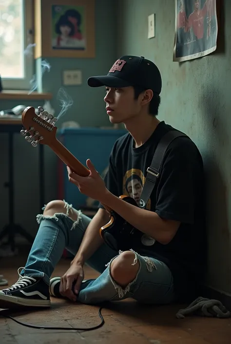 a korean man, sitting on the floor, black t-shirt with a picture, ripped jeans, baseball cap back clip, converse shoes, electric guitar, in a messy room, dim lighting, cigarette smoke, cinematic, poster on the wall