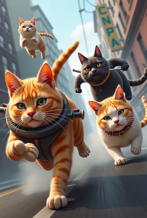 Four cats
These four do different things
A cat in a speeding car
A cat running with a samurai knife
A cat on the run
A cat sleeping