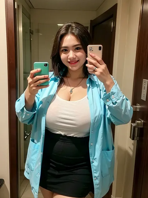 ((((Bbw)))) a woman taking a selfie in a bathroom, smile, skirt, brown hair, shirt, holding, green eyes, jacket, white shirt, indoors, necklace, black jacket, see-through, phone, ring, cellphone, smartphone, holding phone