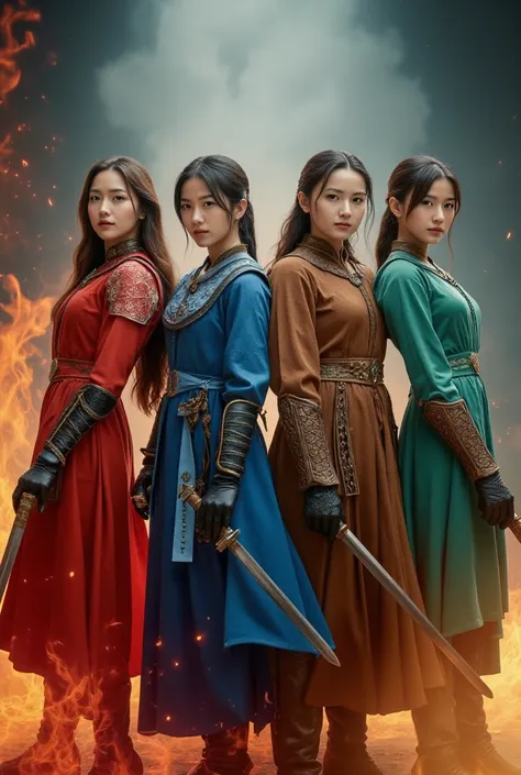 korean drama poster. 4 pretty woman dressed in red (fire),blue (air),green (water) and brown (earth) with armors and magic power the woman have powers based on their color of their dress THEY LOOKING AT THE CAMERA fierce AND THE ATMOSPHER is magical effect...