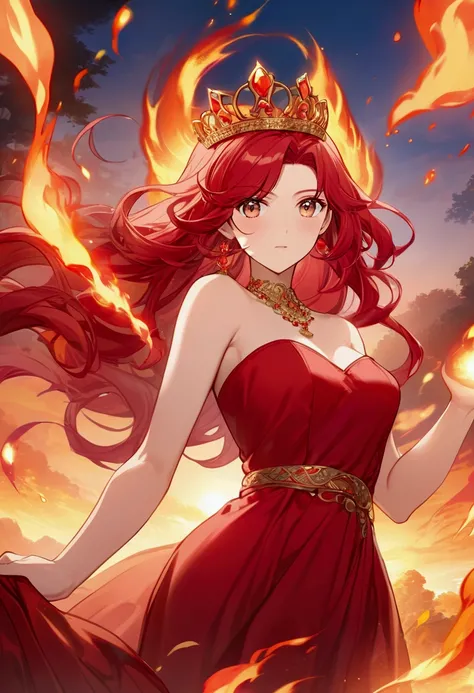 best quality, masterpiece, best quality, highres, absurdres, official art, HQ, 4k, source_anime, expressive eyes, 19 years old, fire goddess, youthful, regal, elegant, scarlet hair, very long hair, long sideburn, flowy hair, wavy bangs, tiara, gold eyes, l...