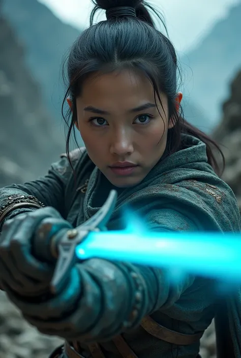 A close-up of a warrior brandishing a glowing sword, her focused eyes reflecting the energy radiating from her weapon. Her surroundings are rocky and dark, with the light from her sword casting an eerie glow on the jagged terrain. The textures of the rocks...