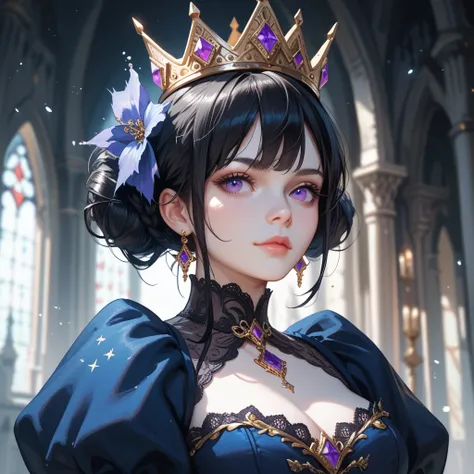 Bust of a black-haired woman, long and straight, without a crown . purple eyes.  White skin with austere air. Very dark blue robes .  The setting must be of a dark castle .