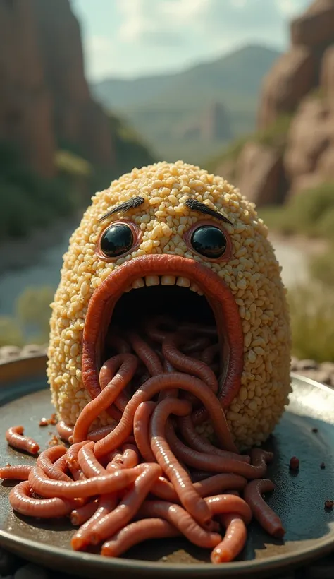 Kibbeh food with a crying face,， spits worms out of his mouth，Packed inside high-grade cutlery，Long distance， actual , 8K, Movie，realistic