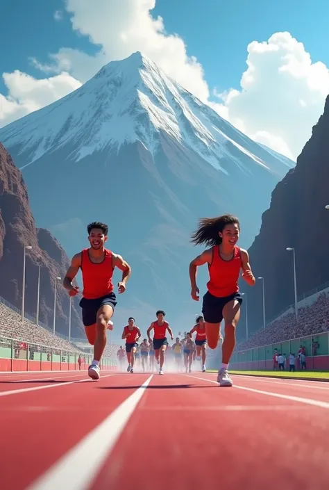 Put an image of Volcal Arenas with the text San Carlos and running track and field athletes