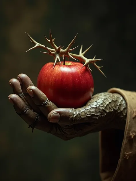 a human hand covered in reptile skin, offering an apple with thorns, a scene from a movie