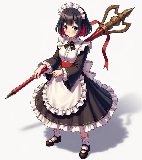 Rpg character in isometric view, Being seen from above like an rpg token, anime style, maid outfit, short black hair reaching down to the shoulders with the inner part reddish scarlet and a naginata in her hands