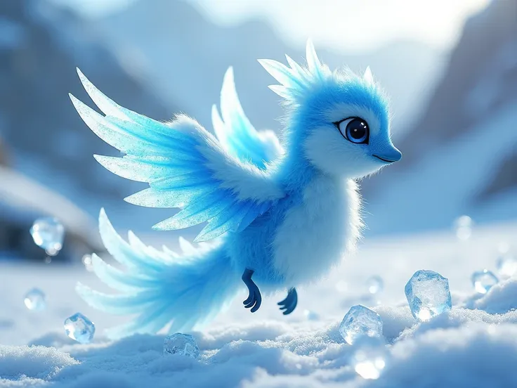  A small magical creature shaped like a bird ,  made of sparkling ice and with feathers that shine with a heavenly blue .  It flies in a frozen landscape ,  with ice crystals surrounding it ,  creating an aura of speed and agility .  The background is an i...