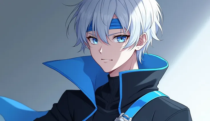  Young anime-style man with pale skin with , suave,  silky, disheveled hair with some white highlights , Long FRINGE,  short hair and light blue eyes , black uniform that matched his hair color like a Yin Yang with light blue lines and bandages that approx...