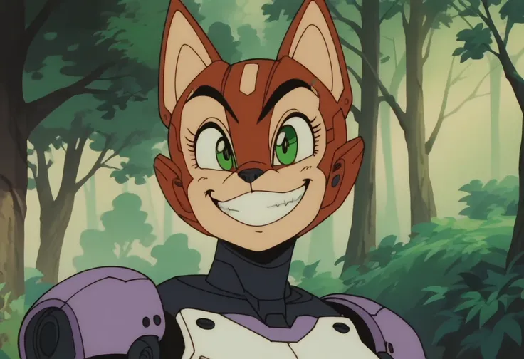 anime screencap,drgbls1, solo, anthro mecha mobian cat female, female,_9, score_8_up, score_7_up, score_6_up, forest, upper mecha body, brown fur, confident grin, expressvie eyes,