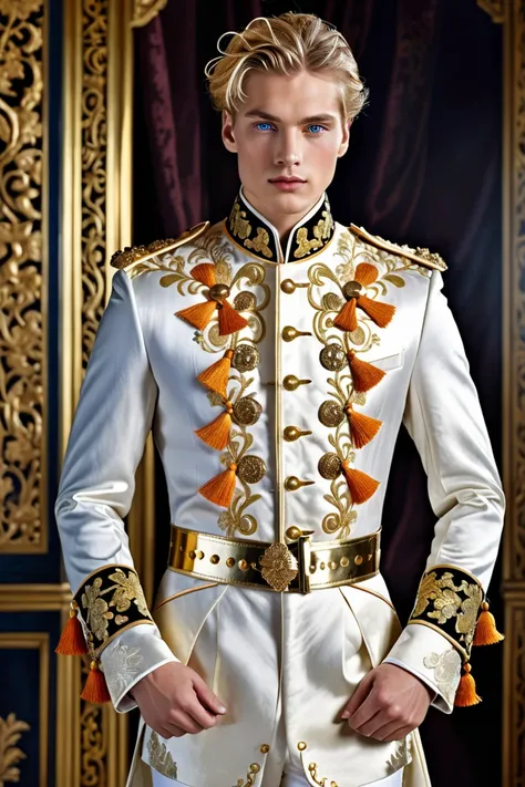 young man,  features characteristic of the English phenotype , blonde hair,  blue eyes ,  white skin ,  castle background Architecture Remarkable Victoriana

Gala jacket It is made of blue fabric with a brocade pattern, , which gives it an elegant and soph...