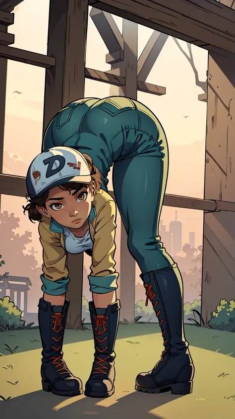 ((masterpiece, best quality)),(complex lighting) ,solo,(((1girl))) ,clementine, light skin,light-skinned female, baseball cap, green cargo pants, brown eyes, tight pants, combat boots, shirt, short hair, one short ponytail, open denim jacket, huge butt, th...